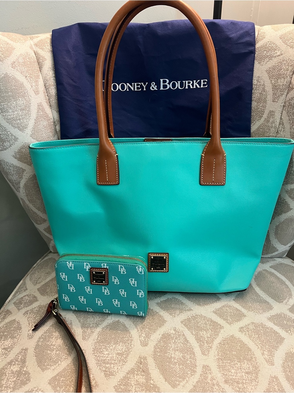 Dooney & Bourke Turquoise Tote with Brown Leather Handles and Matching Wallet